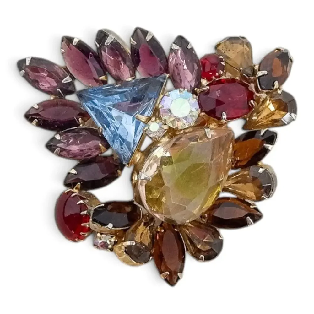 Vintage Juliana Fruit Salad Brooch Multicolor Rhinestone Navette Gold Tone